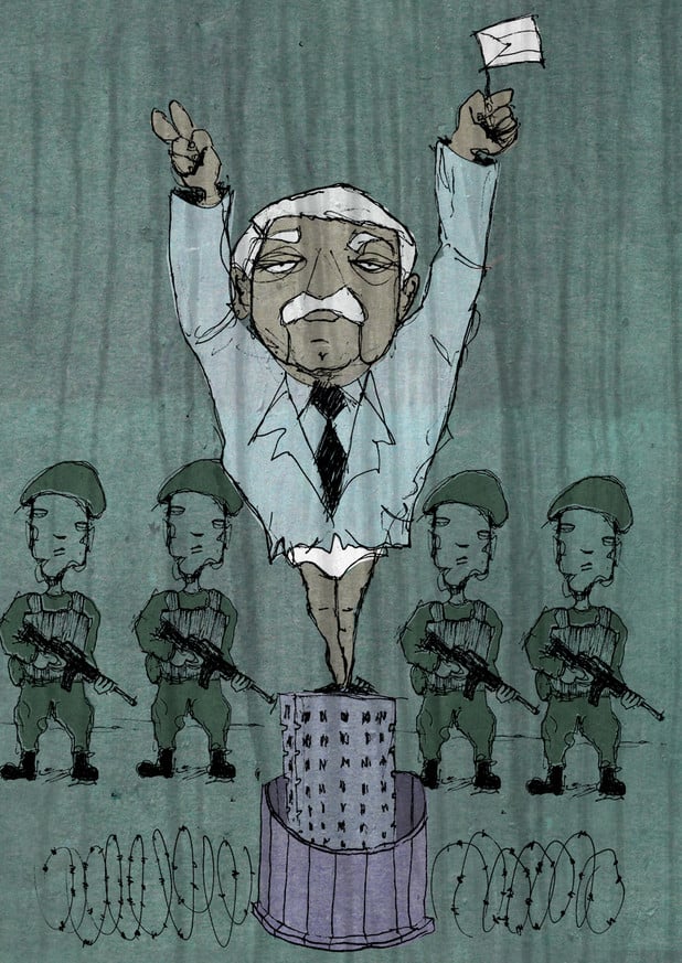 Illustration shows Mahmoud Abbas wearing no pants standing on building with soldiers in background