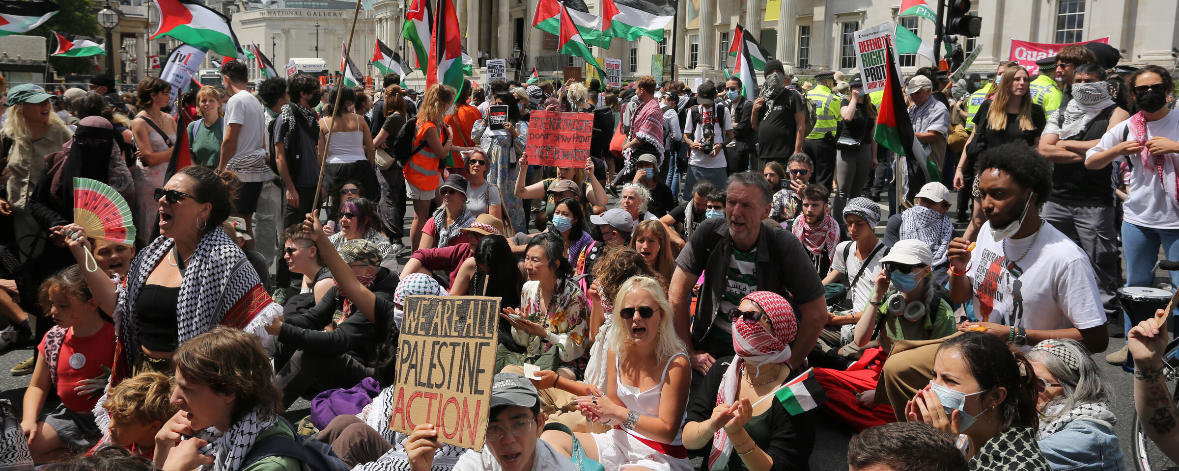 Demonstrators with Palestinian flags