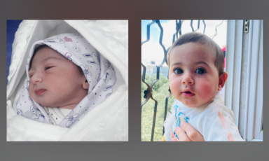 One photo of a newborn wrapped iin a white blanket; the other photo, to its right, of a round-cheeked baby looking into camera