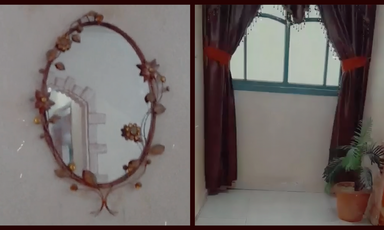 Photo diptych shows oval mirror on a wall next to a window with curtains