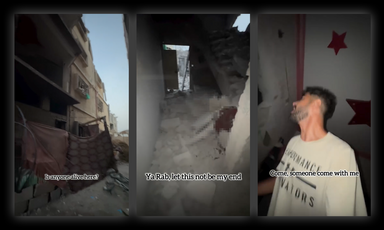 Three still-frames of a social media feed: a building that has just been attacked; a man killed; an explosion taking place.