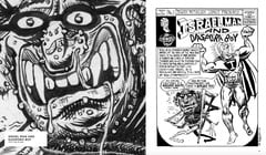 Two-page spread from Diaspora Boy book shows close-up of Diaspora Boy face on one page, and full Israel Man and Diaspora Boy comic on the other page