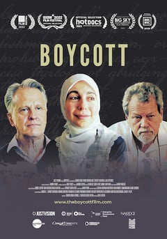 Poster for the documentary Boycott depicting the heads of the three individuals who opposed boycott legislation atop an image of the US Capitol