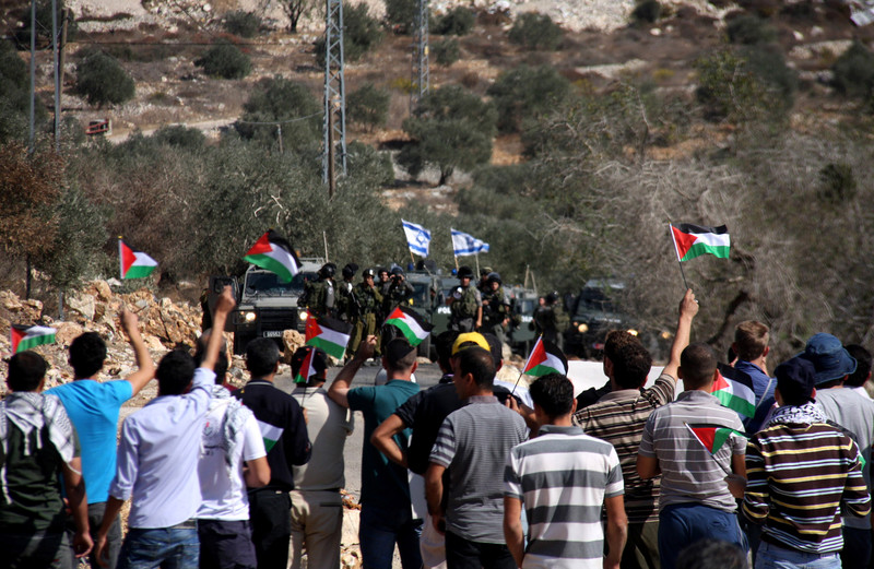 Palestinians holding flags face Israeli soldiers