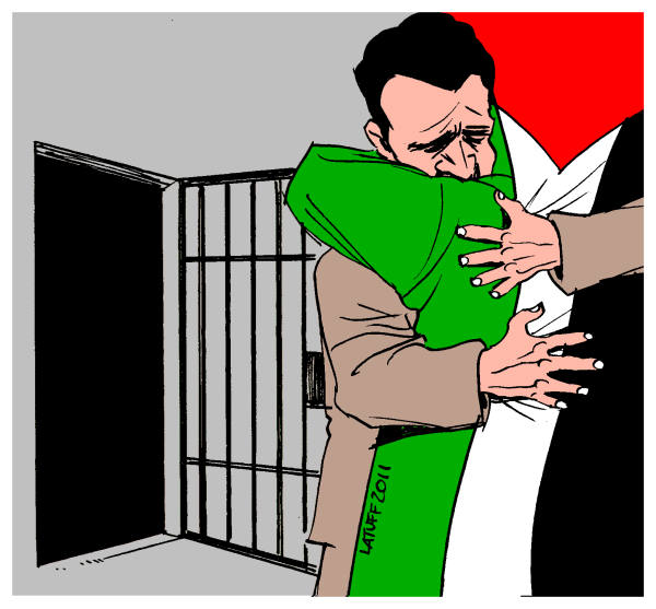 A sketch by Latuff of Palestinian political prisoner gaining freedom