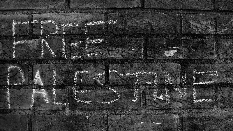 Chalk graffiti on a brick wall reads &quot;Free Palestine&quot;