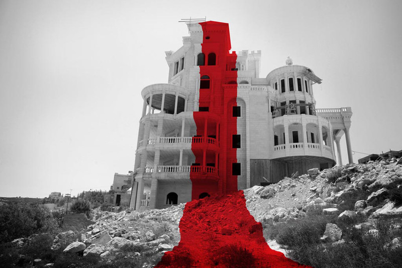 A black and white image of an unfinished building with a red line superimposed on it