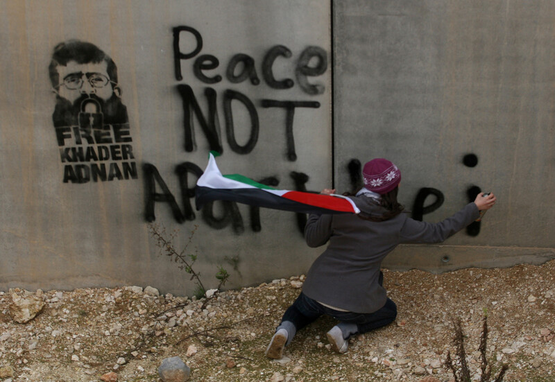 Someone with back turned to camera spray paints &quot;Peace not apartheid&quot; and Khader Adnan stencil on West Bank wall