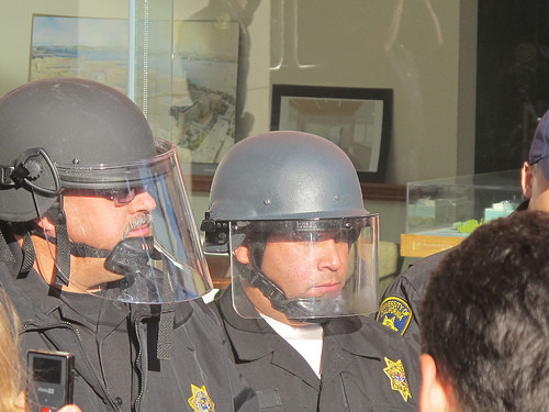 Campus police guard a meeting of the University of California's Board of Regents in 2010