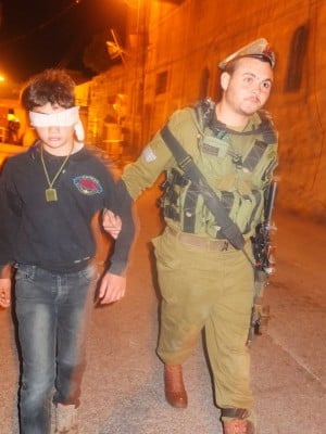 Armed Israeli soldier leads blindfolded boy