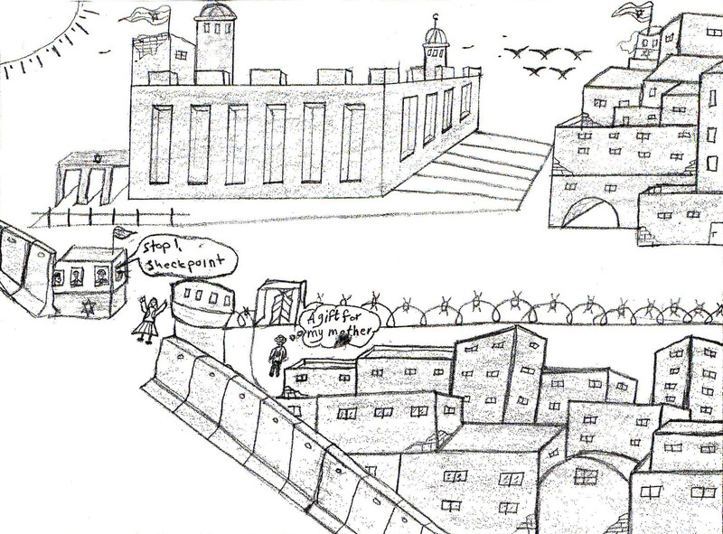 Drawing shows scene of Israeli checkpoint in Palestinian city