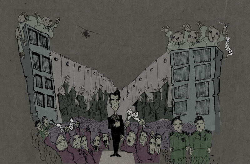 Editorial illustration shows Arab Idol winner in front of fans, police, towers and Israeli wall and helicopters
