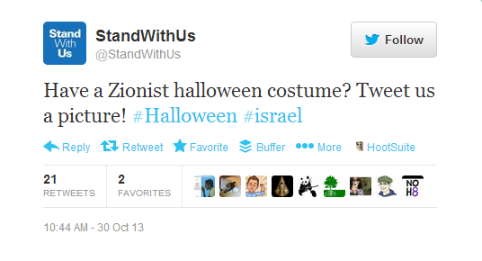 StandWithUs tweet soliciting photos of Zionist Halloween costumes