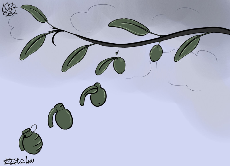 Cartoon shows leaves from olive branch morphing into hand grenades