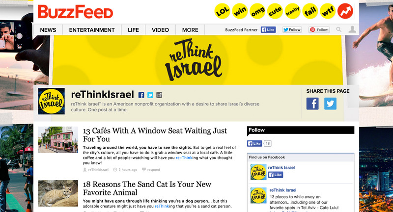Screenshot of reThink Israel content on BuzzFeed, including article about wild cat