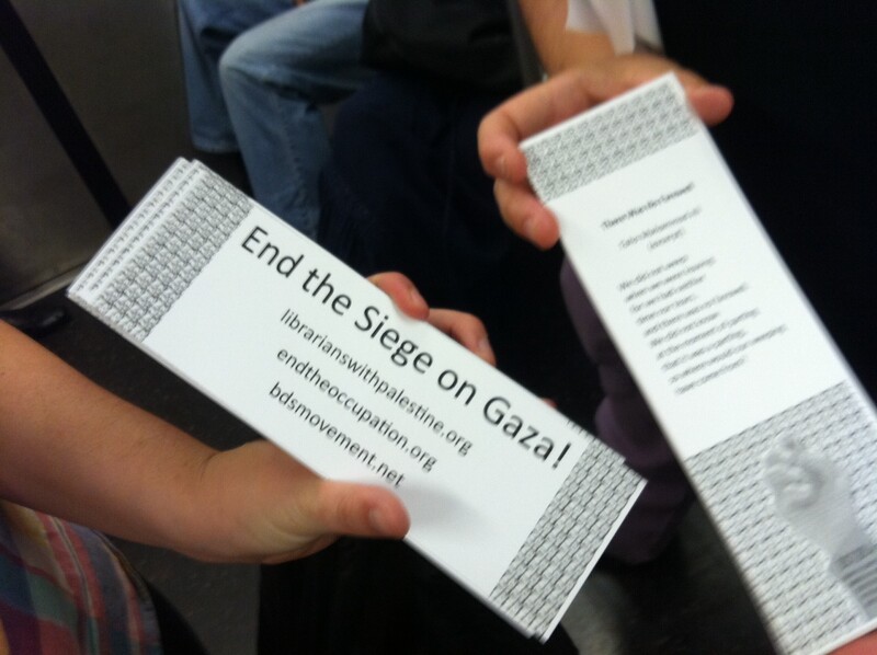 Bookmarks by information workers in New York, calling attention to Israeli abuses in Gaza