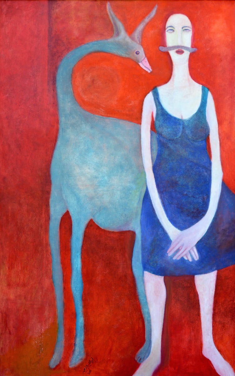 Painting of woman with mustache standing in front of abstracted bird