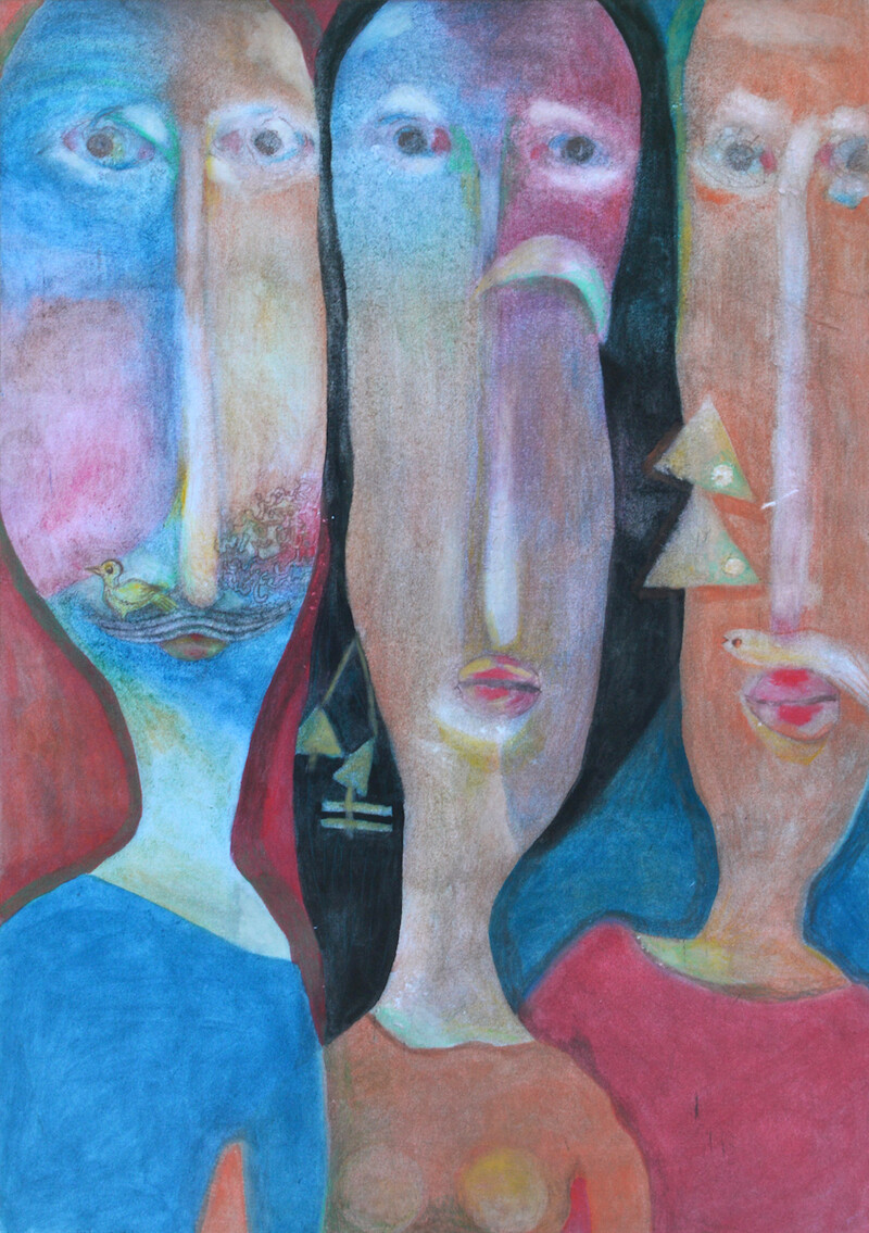 Painting of three elongated and abstracted faces