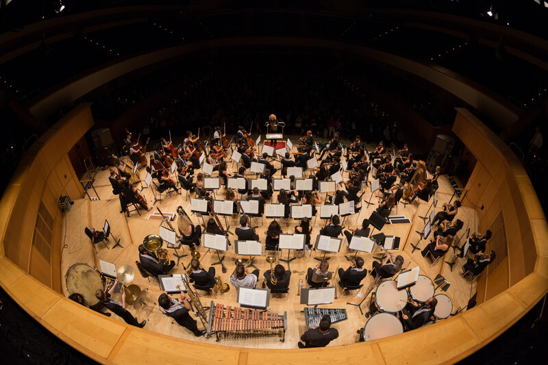 Aerial view of the Palestine Youth Orchestra on stage