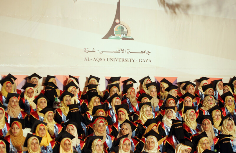 Women students wearing graduation caps and gowns sit in front of Al Aqsa University banner