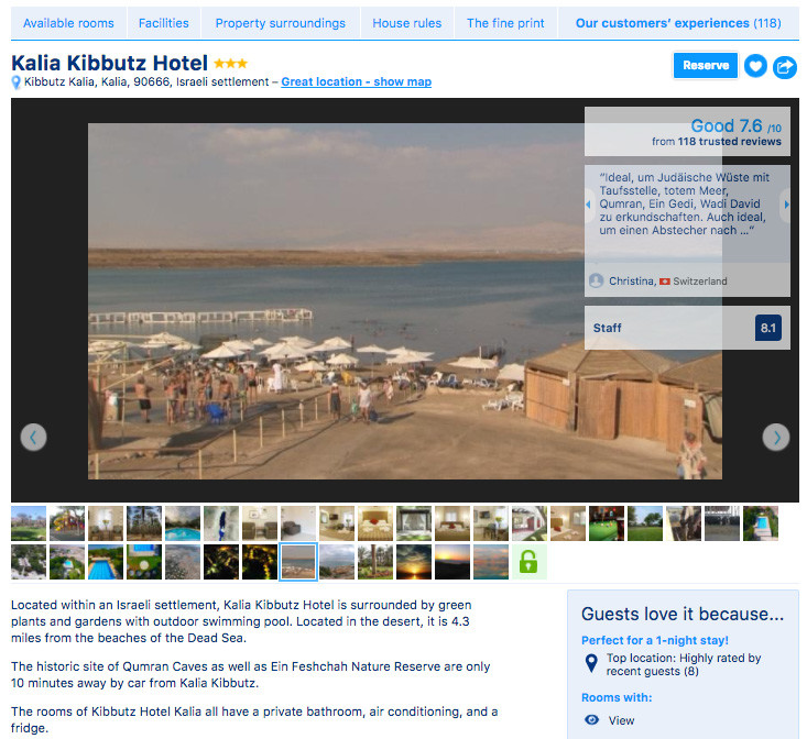 Screenshot of Kalia Kibbutz hotel listing shows photograph of Dead Sea beach