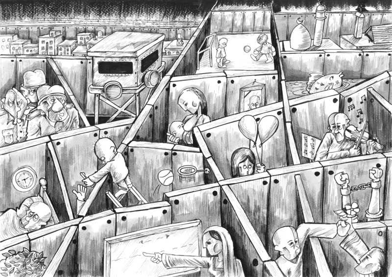 Mohammed Sabaaneh cartoon on Israel's wall compartmentalizing Palestinian life