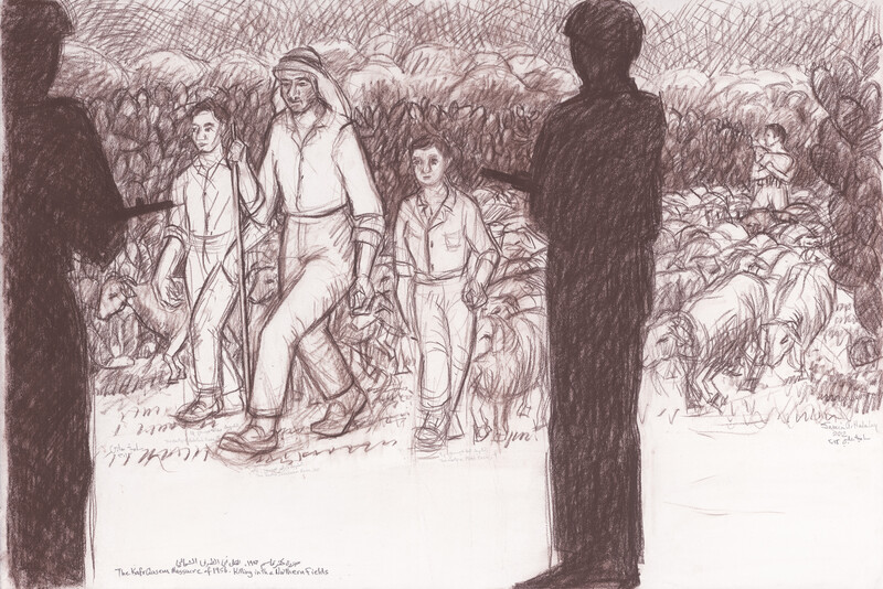 Silhouetted Israeli soldiers stand in front of shepherd walking with two boys