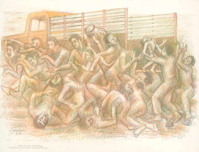 Delicately rendered drawing shows pile of bodies next to truck