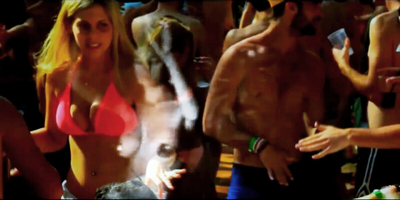 Image of topless belly dancer is superimposed on image of woman in bikini and topless man at Tel Aviv party