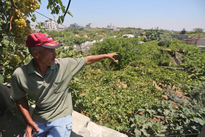 Man sitting on ledge points to location over the horizon