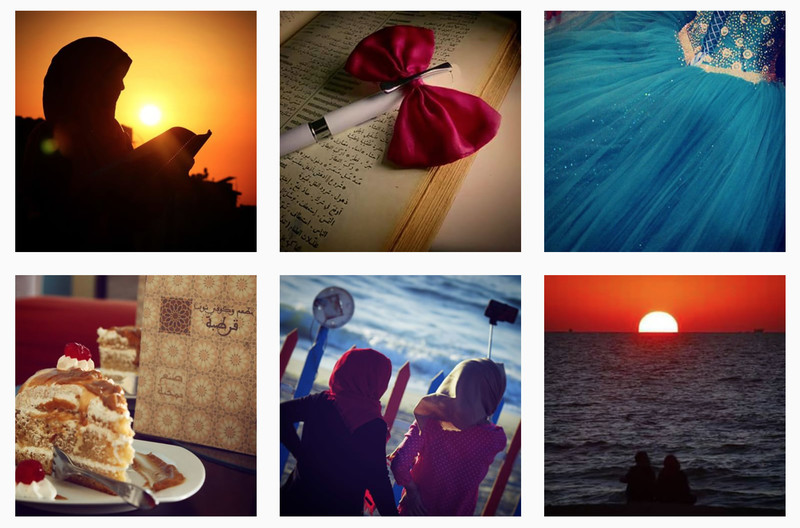 Screenshot of Instagram feed shows artistic images of a dress, sunsets, and a book