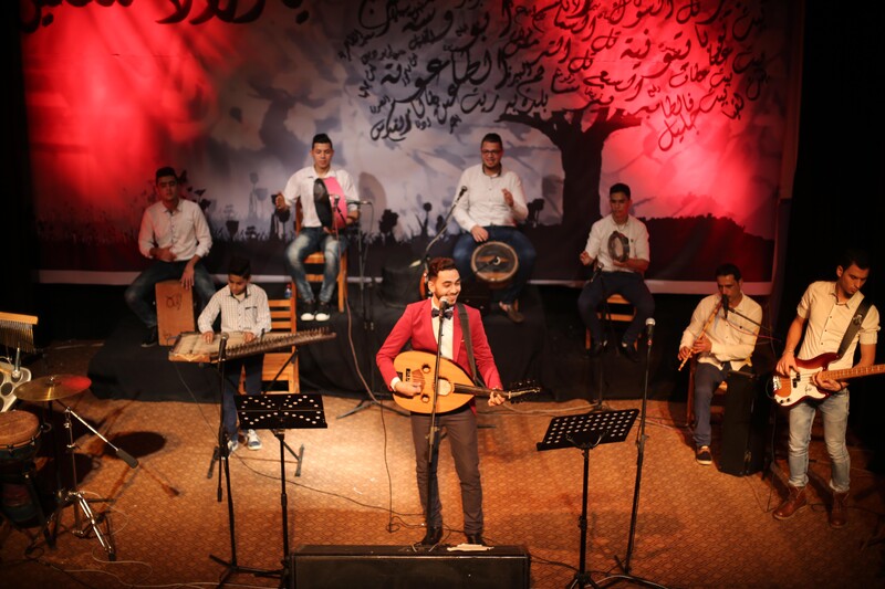 Aerial view of music band performing on stage