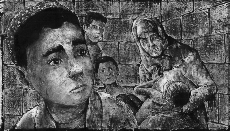 Scratchboard animation shows boy in foreground with children and older woman behind him