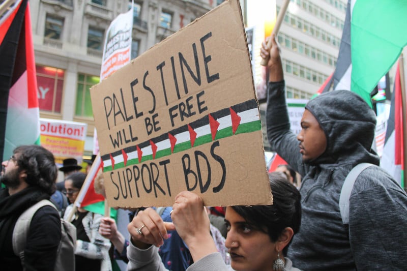 A protester holds a sign that says Palestine will be free, support BDS.