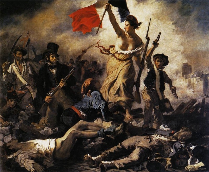 A painting of a bare-chested woman holding aloft the red, white and blue French flag amid armed and agitated protestors