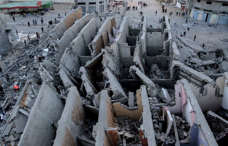 Aerial view of destroyed multi-story building