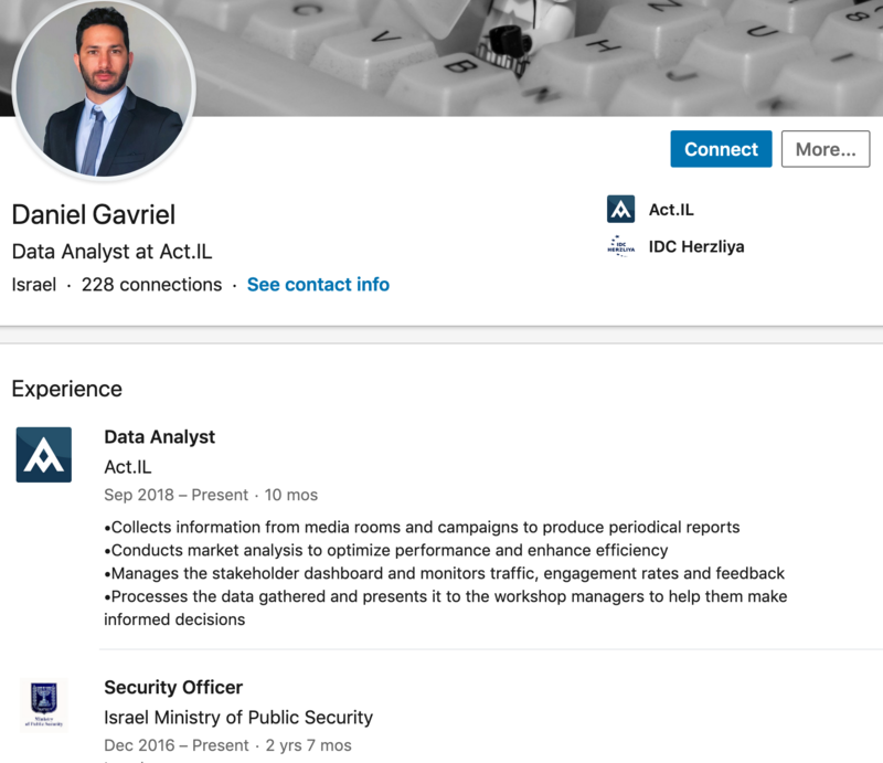 A screenshot from the LinkedIn profile shows a man in a blue suit with a crooked tie