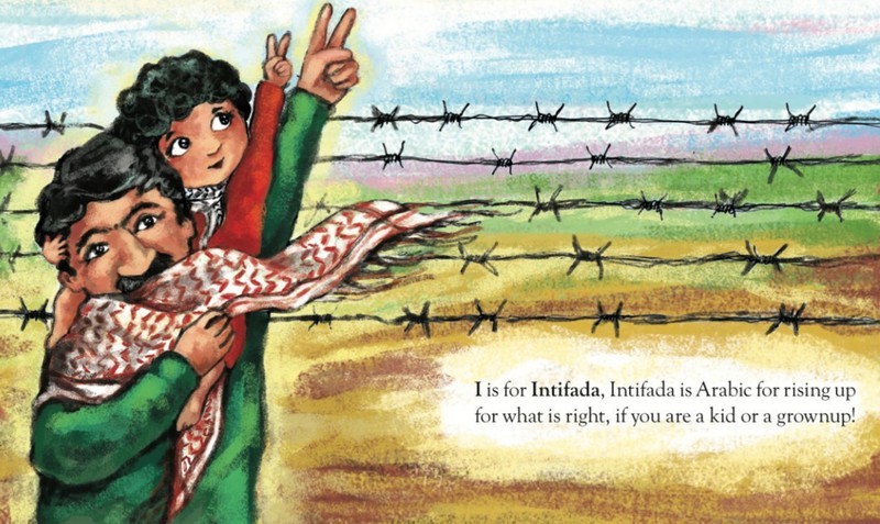 A painting of a man holding his child, from the book with the text "I is for Intifada, Intifada is Arabic for rising up for what is right, if you are a kid or a grownup!"