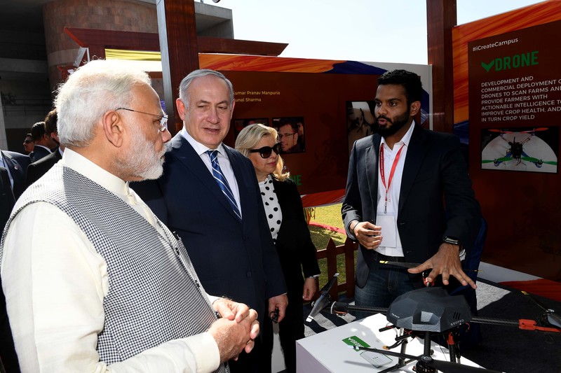 Israeli and Indian leaders inspect a drone