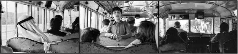 Photo triptych showing the backs of heads of people on a bus