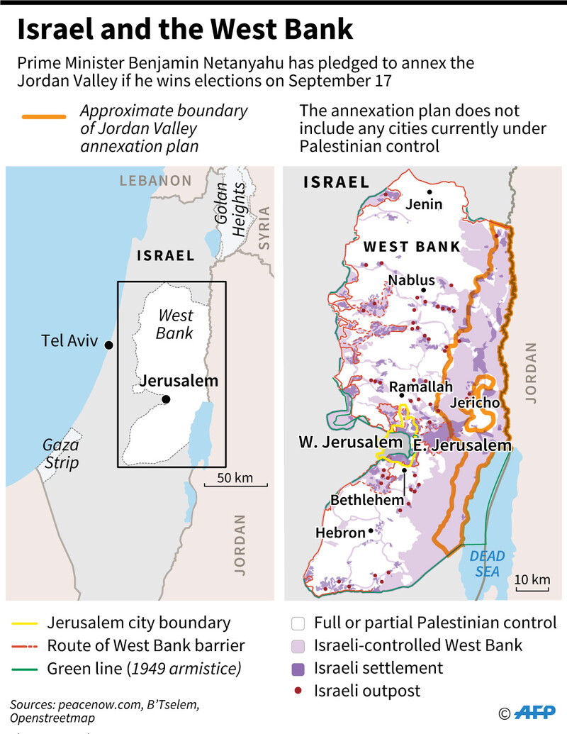 A map of the occupied West Bank showing the area Israeli PM Netanyahu says he wants to annex