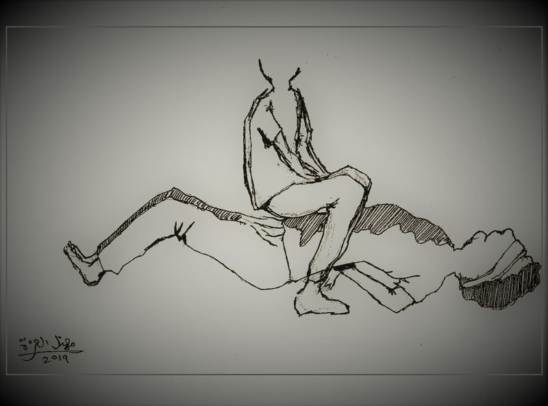 Sketch of a person sitting on another chained person on the ground