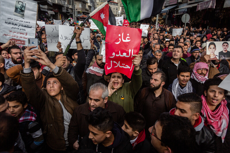 Hundreds of protesters hold banners, flags 