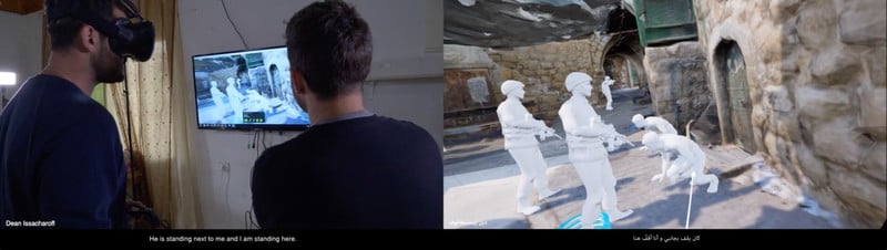 Screenshot of split screen showing men looking at monitor and a virtual reality rendering of soldiers in an alley