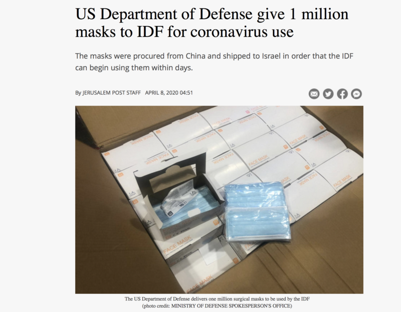 Screenshot shows headline stating US Department of Defense give 1 million masks to IDF for coronavirus use