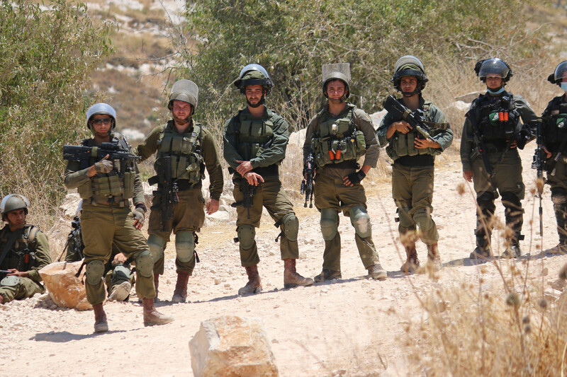 Several Israeli soldiers holding guns stand in a row