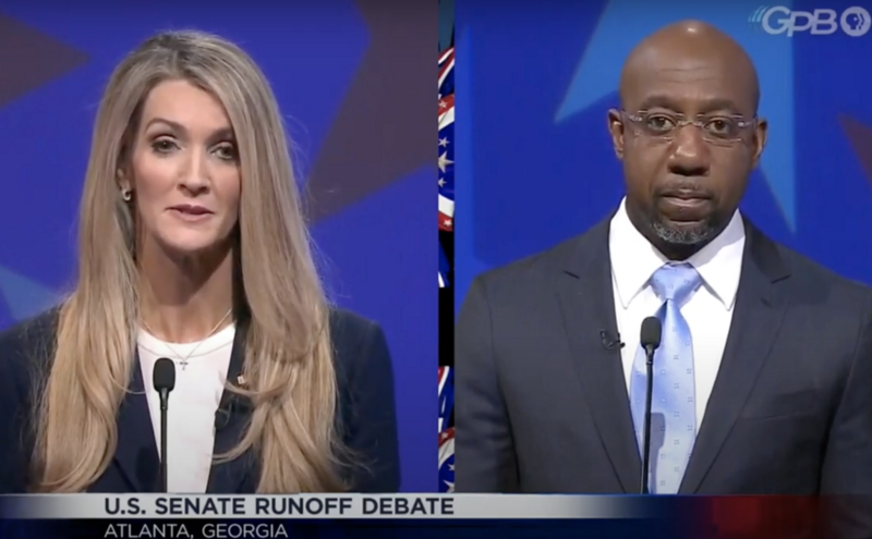 A woman and man side by side on a TV screen