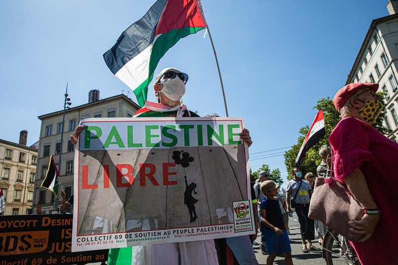A protester holds a Palestine flag and a banner that reads Palestine Libre