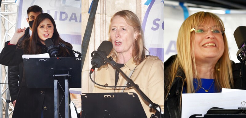 Collage of three women speaking into a microphone