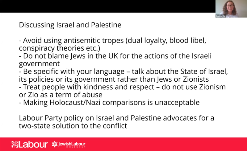 Zoom session slide "discussing Israel and Palestine"